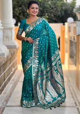 Aqua Blue Woven Silk Saree Set