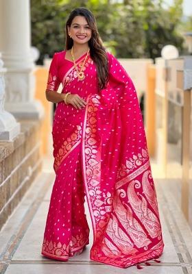 Pink Woven Silk Saree Set