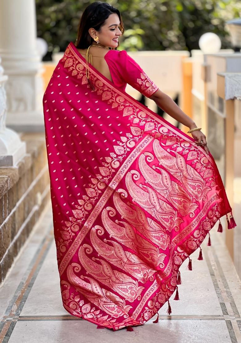 Pink Woven Silk Saree Set