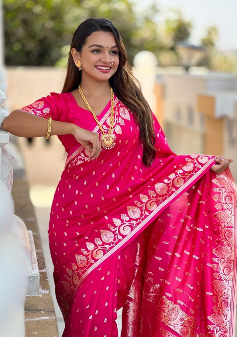 Pink Woven Silk Saree Set