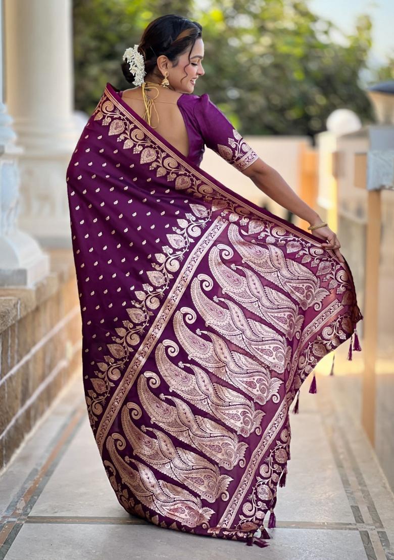 Wine Maroon Woven Silk Saree Set