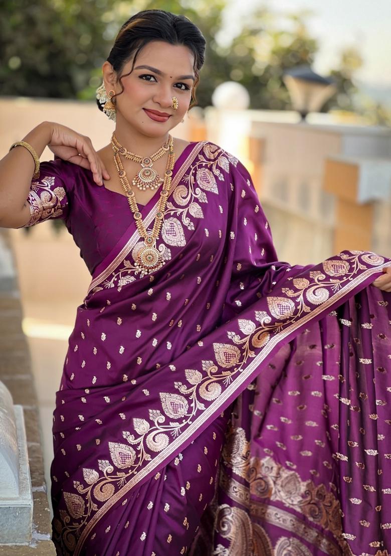 Wine Maroon Woven Silk Saree Set
