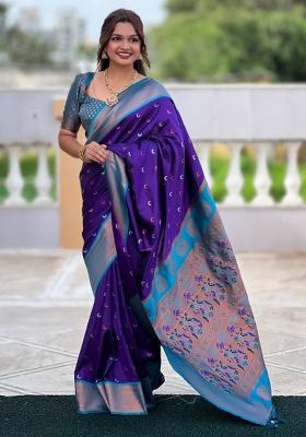 Blue Woven Silk Saree Set