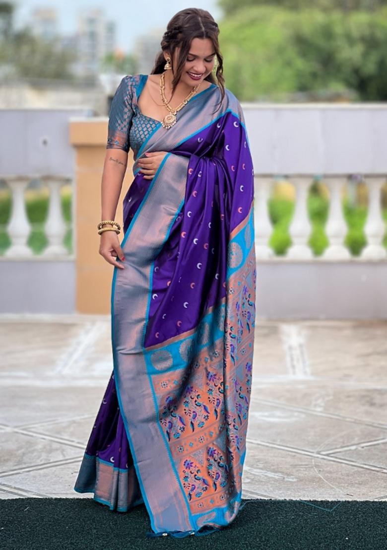 Blue Woven Silk Saree Set