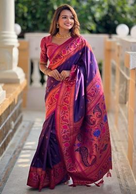 Purple Woven Silk Saree Set