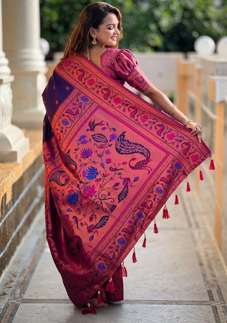 Purple Woven Silk Saree Set