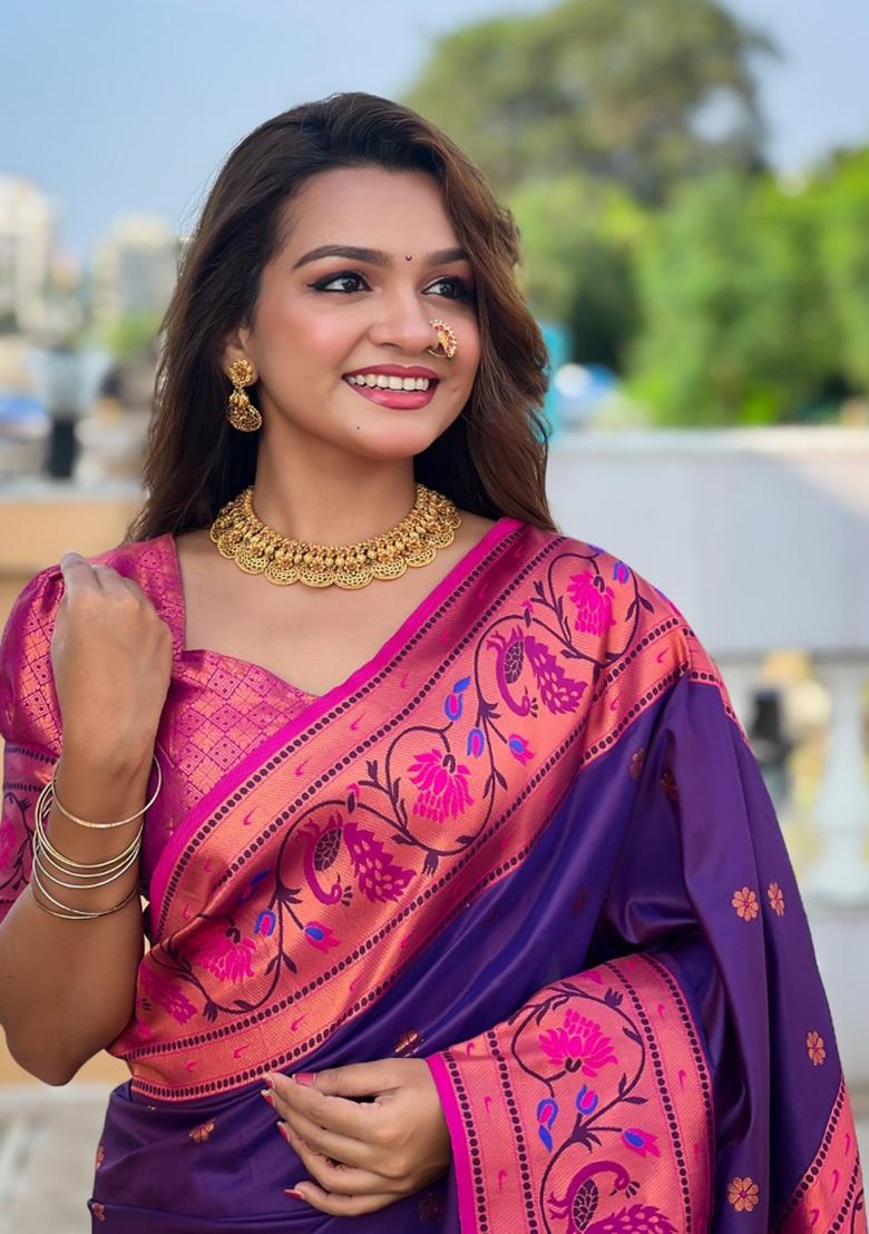 Purple Woven Silk Saree Set