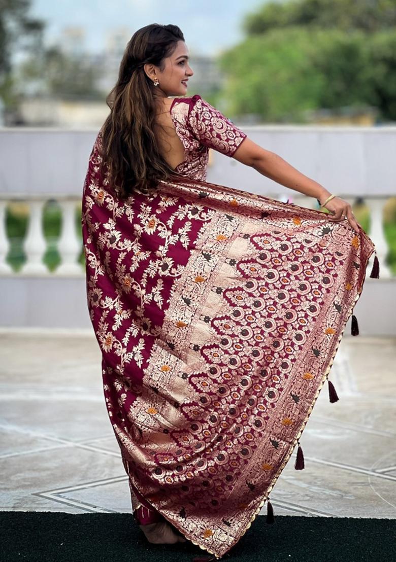 Dark Pink Woven Silk Saree Set