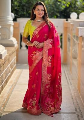 Pink Woven Silk Saree Set