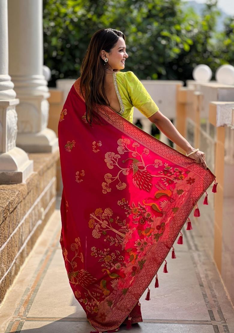 Pink Woven Silk Saree Set