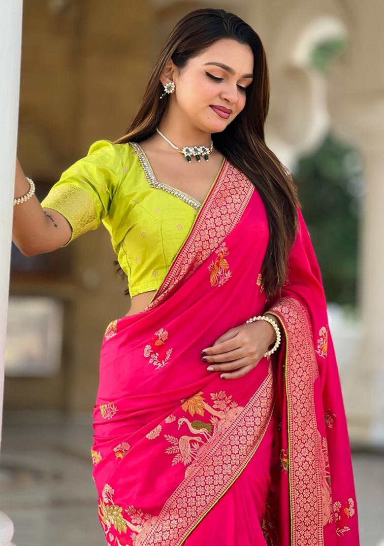 Pink Woven Silk Saree Set