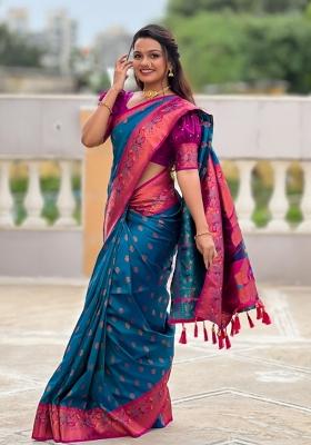 Blue Woven Silk Saree Set