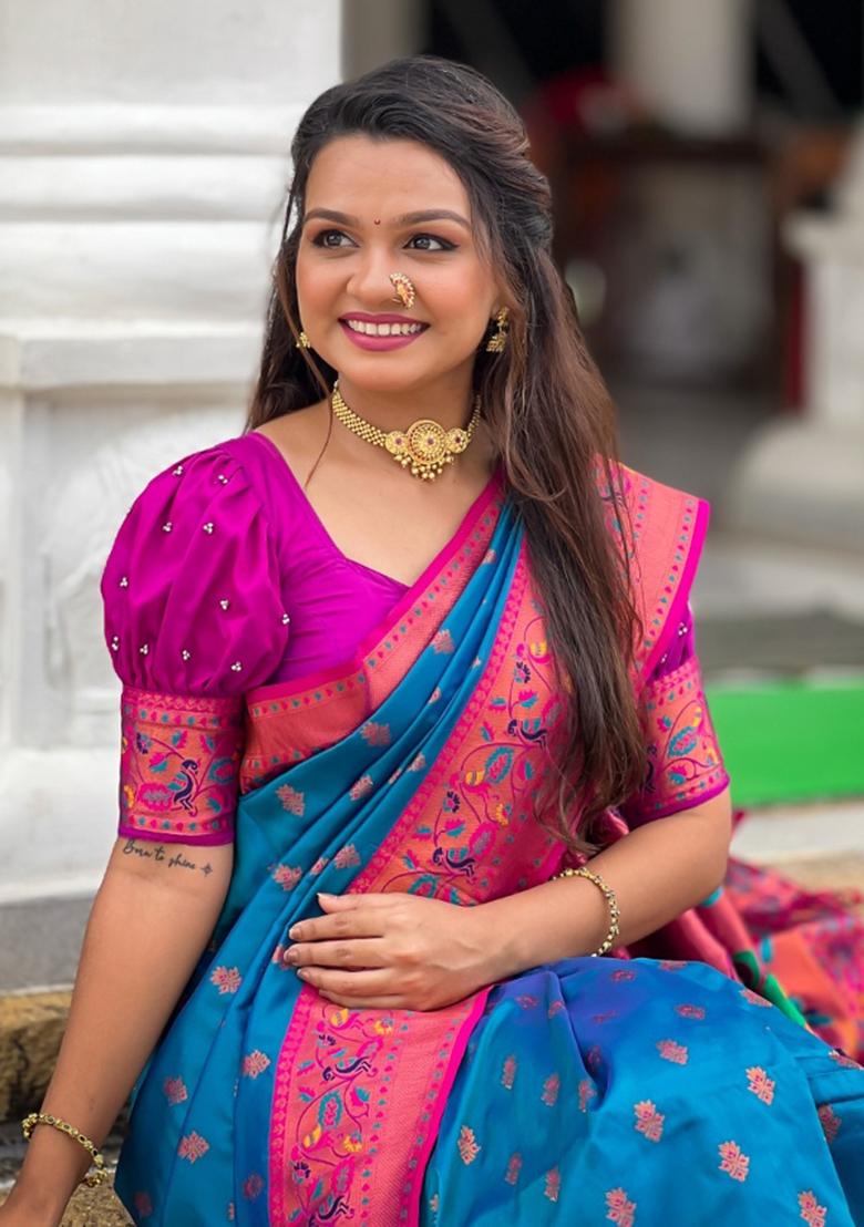 Blue Woven Silk Saree Set