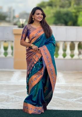 Aqua Blue Woven Silk Saree Set