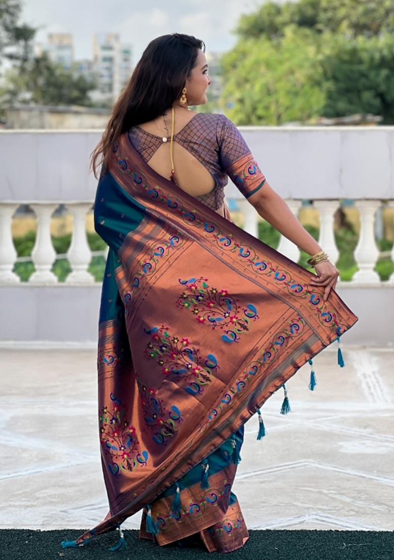 Aqua Blue Woven Silk Saree Set