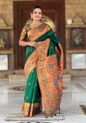 Green Woven Silk Saree Set