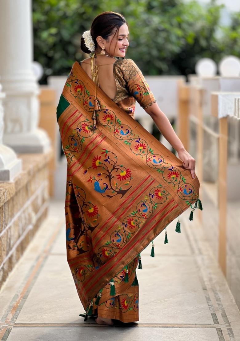 Green Woven Silk Saree Set