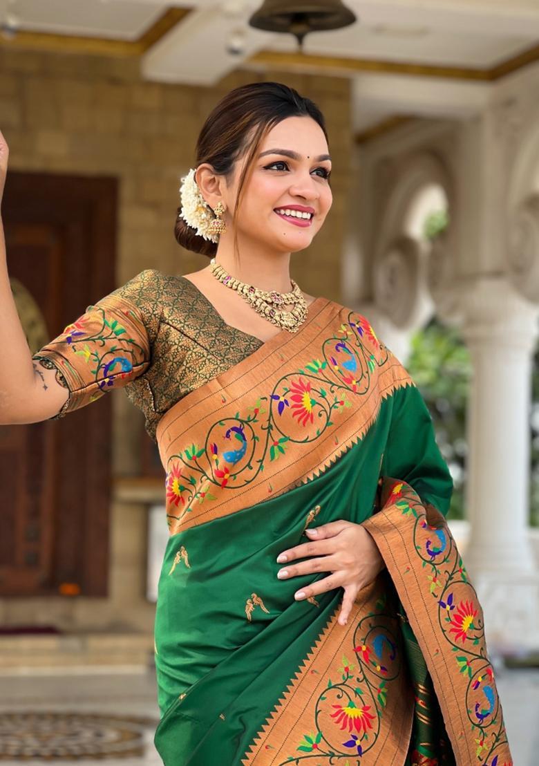 Green Woven Silk Saree Set