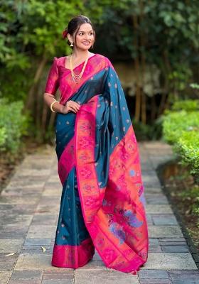 Blue Woven Silk Saree Set
