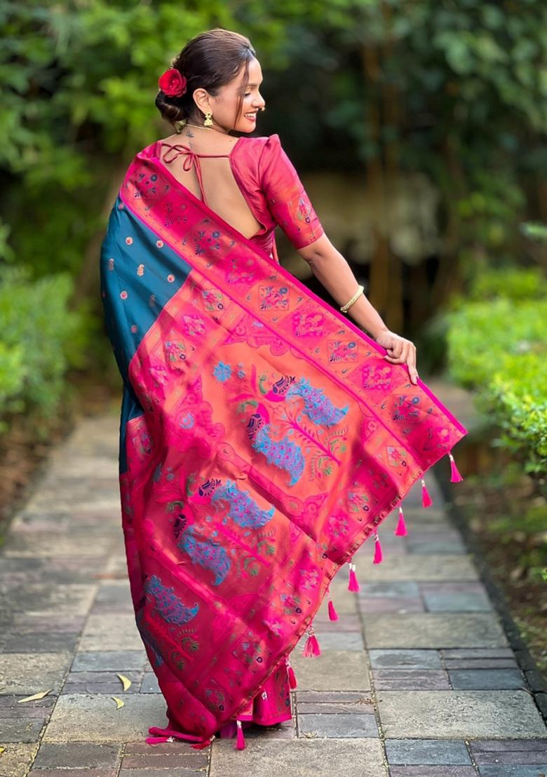 Blue Woven Silk Saree Set
