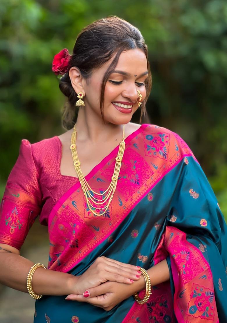 Blue Woven Silk Saree Set