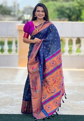 Blue Woven Silk Saree Set