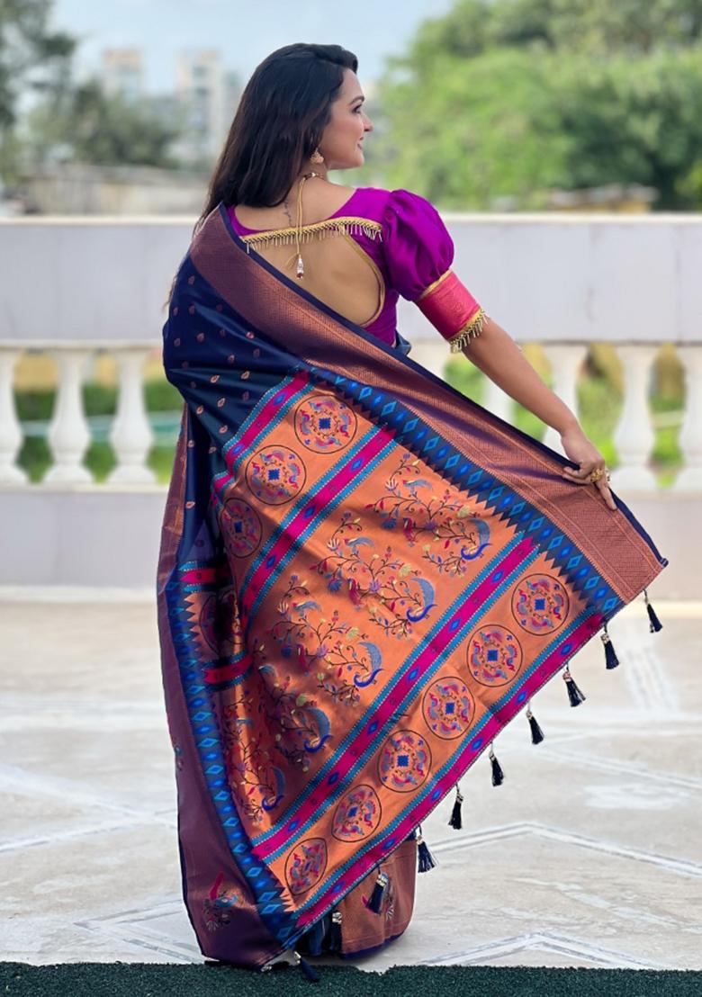 Blue Woven Silk Saree Set