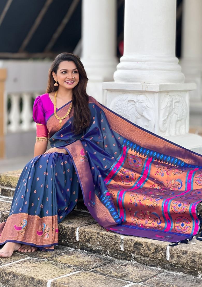 Blue Woven Silk Saree Set