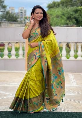 Lime Green Woven Silk Saree Set