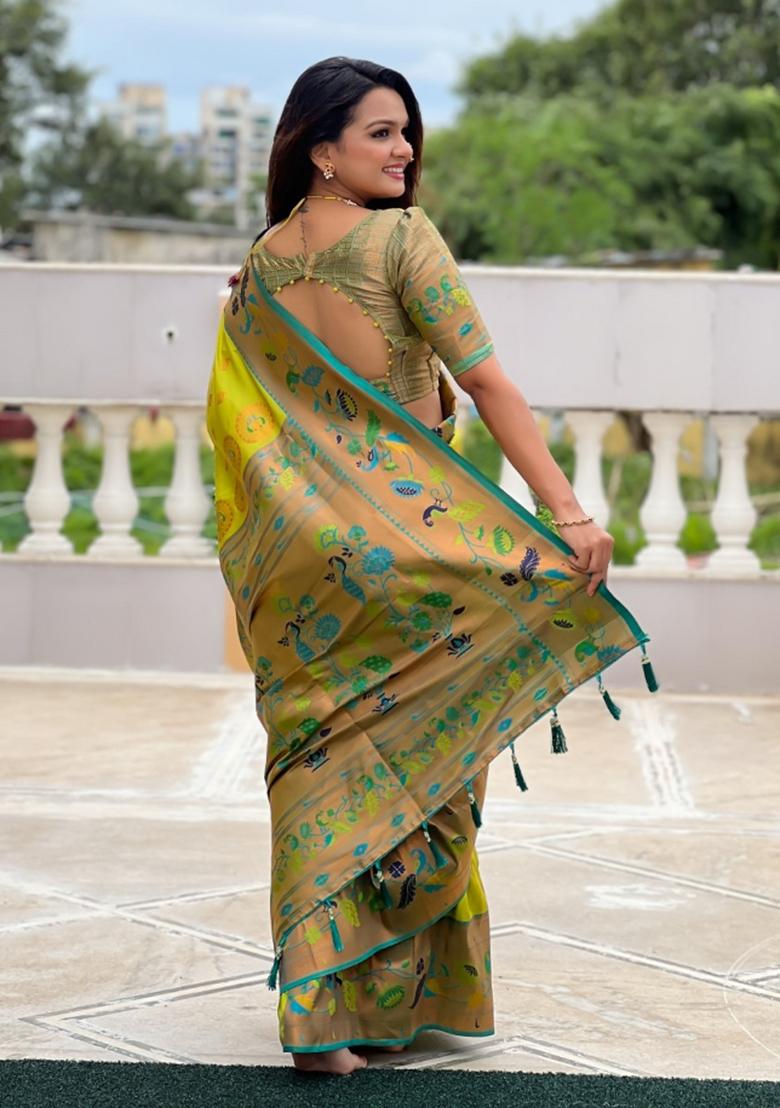 Lime Green Woven Silk Saree Set