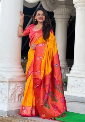 Orange Woven Silk Saree Set
