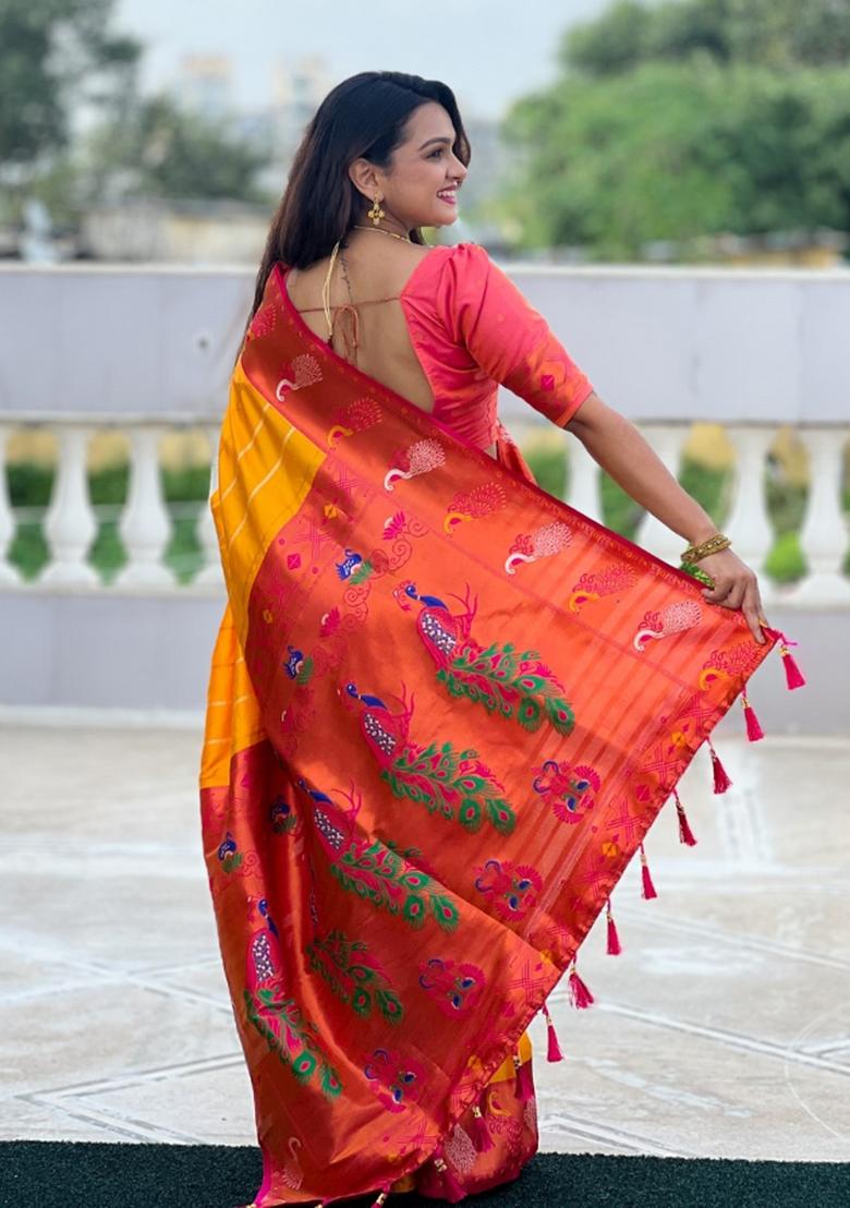 Orange Woven Silk Saree Set