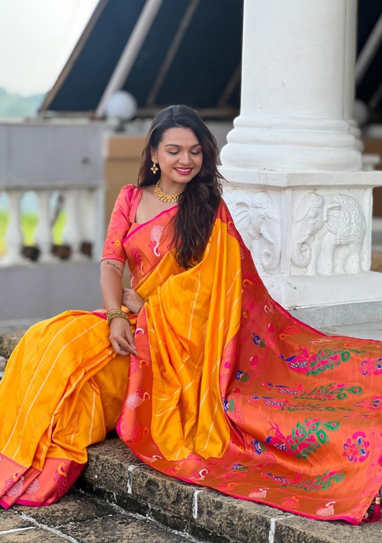 Orange Woven Silk Saree Set