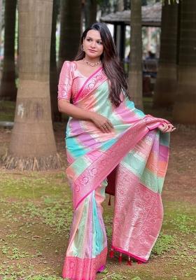 Pink Woven Silk Saree Set