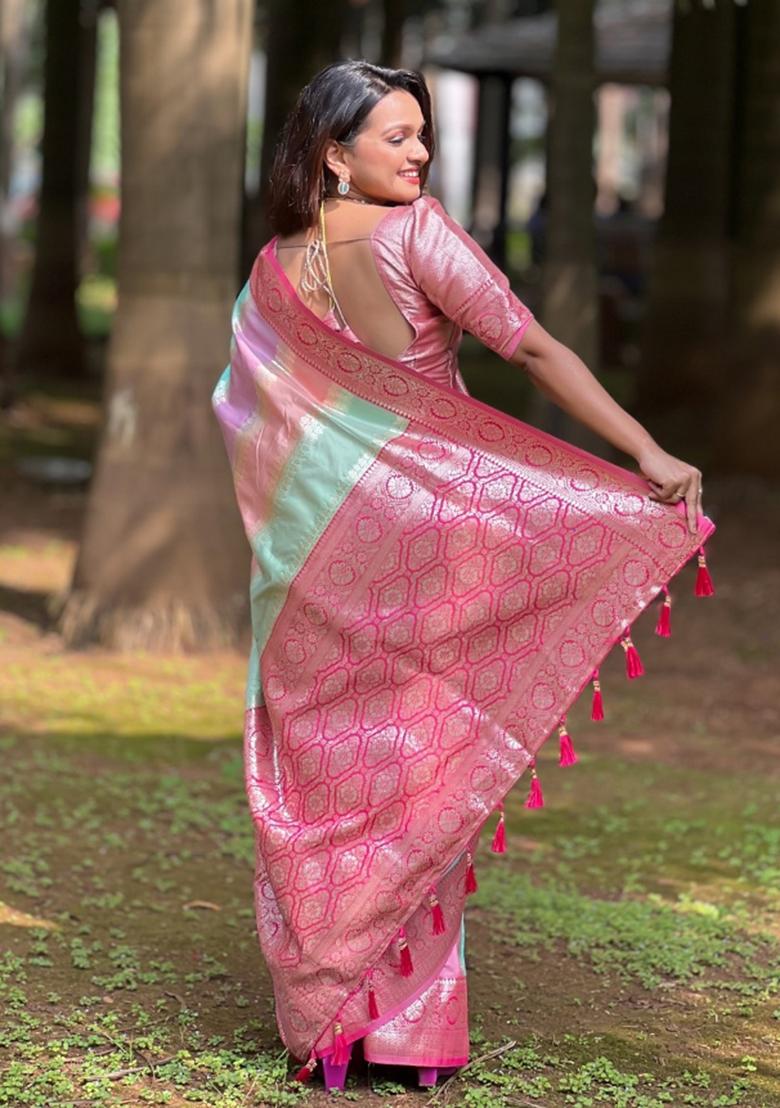 Pink Woven Silk Saree Set