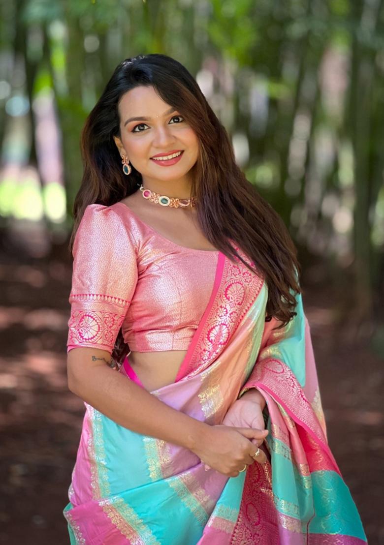 Pink Woven Silk Saree Set