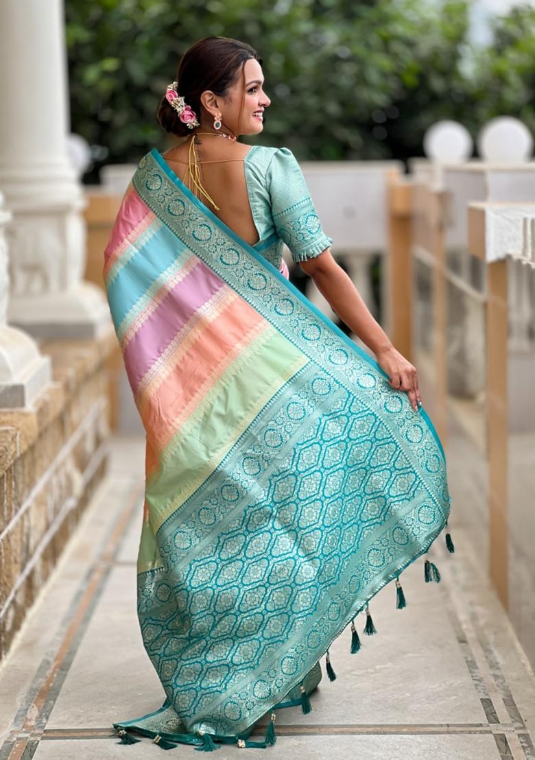 Amber Blue Woven Silk Saree Set
