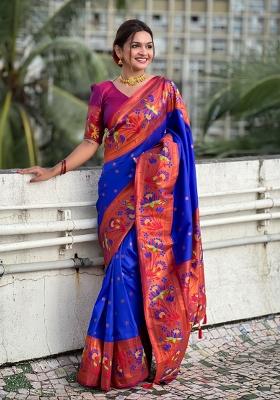 Blue Woven Silk Saree Set