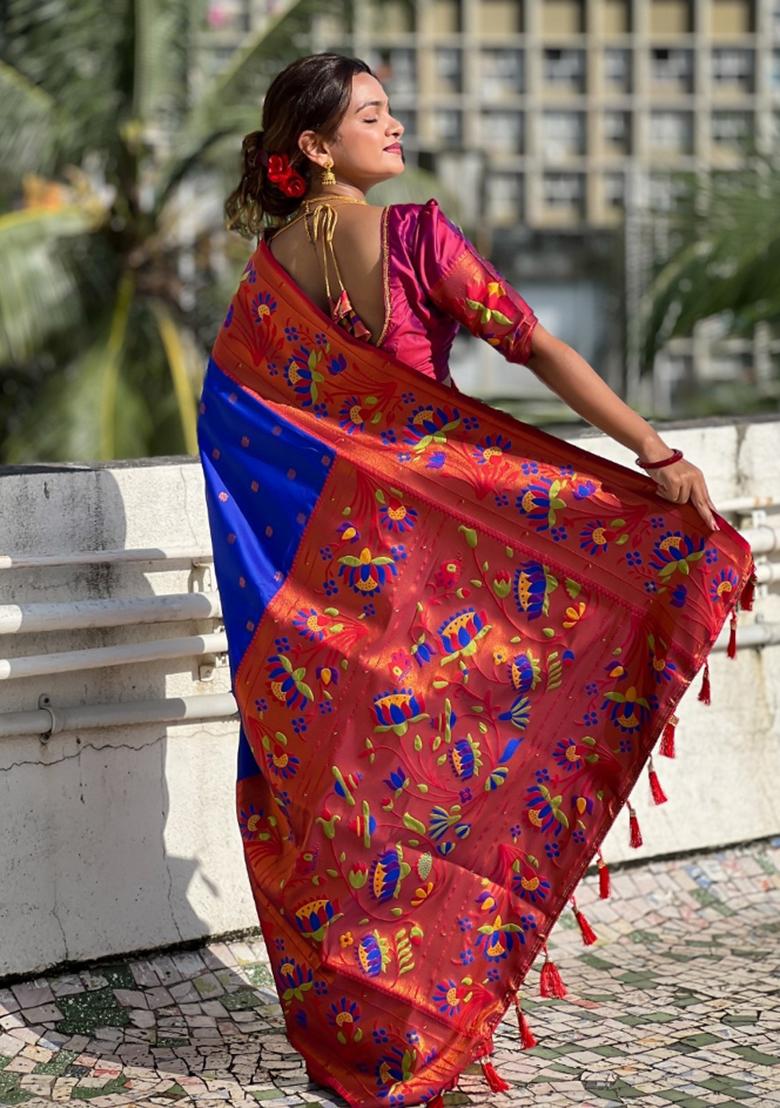 Blue Woven Silk Saree Set