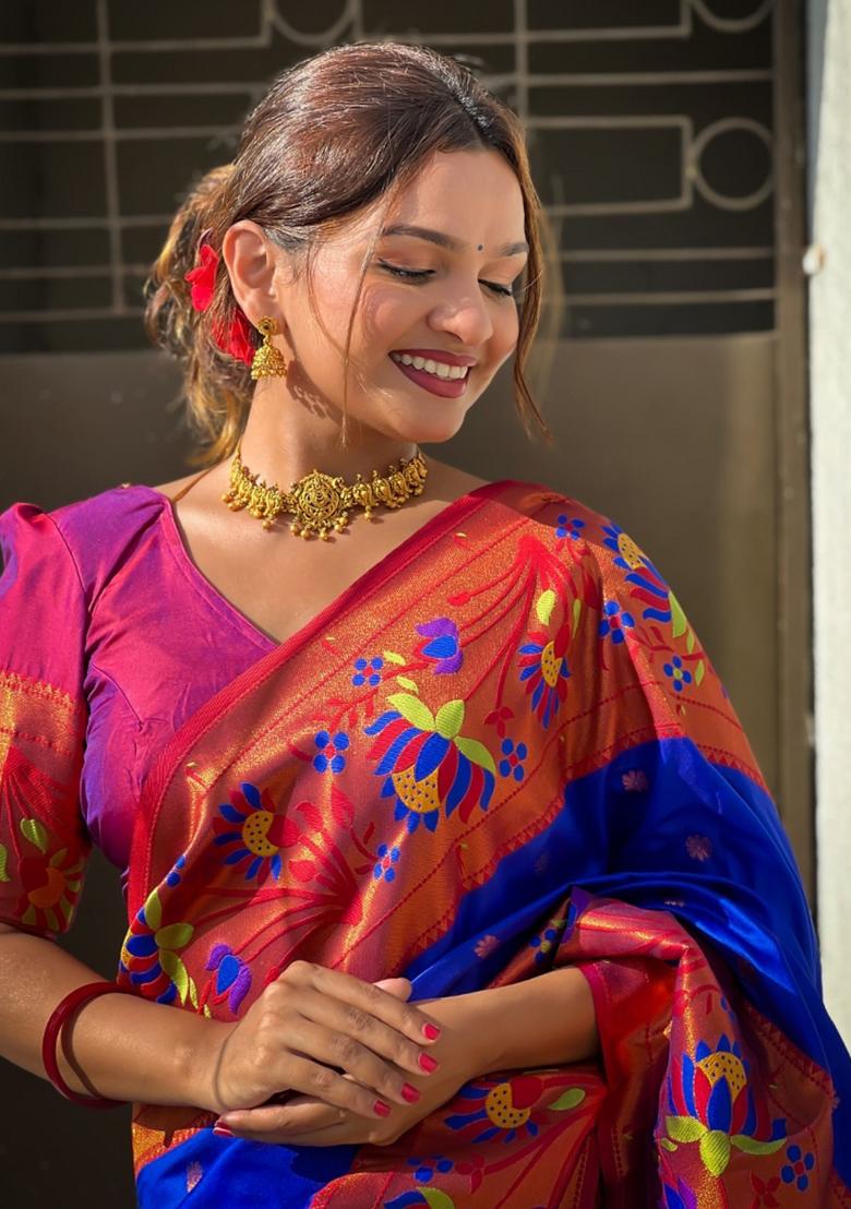 Blue Woven Silk Saree Set