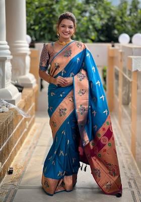 Blue Woven Silk Saree Set