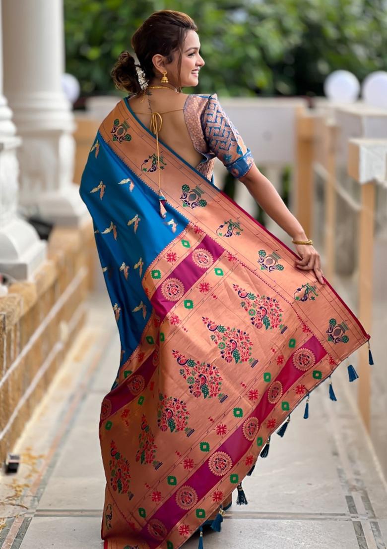 Blue Woven Silk Saree Set