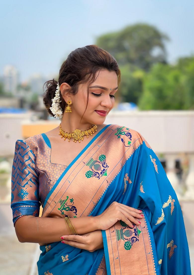Blue Woven Silk Saree Set
