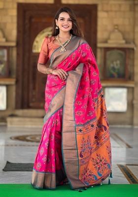 Pink Woven Silk Saree Set
