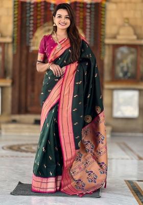 Green Woven Silk Saree Set