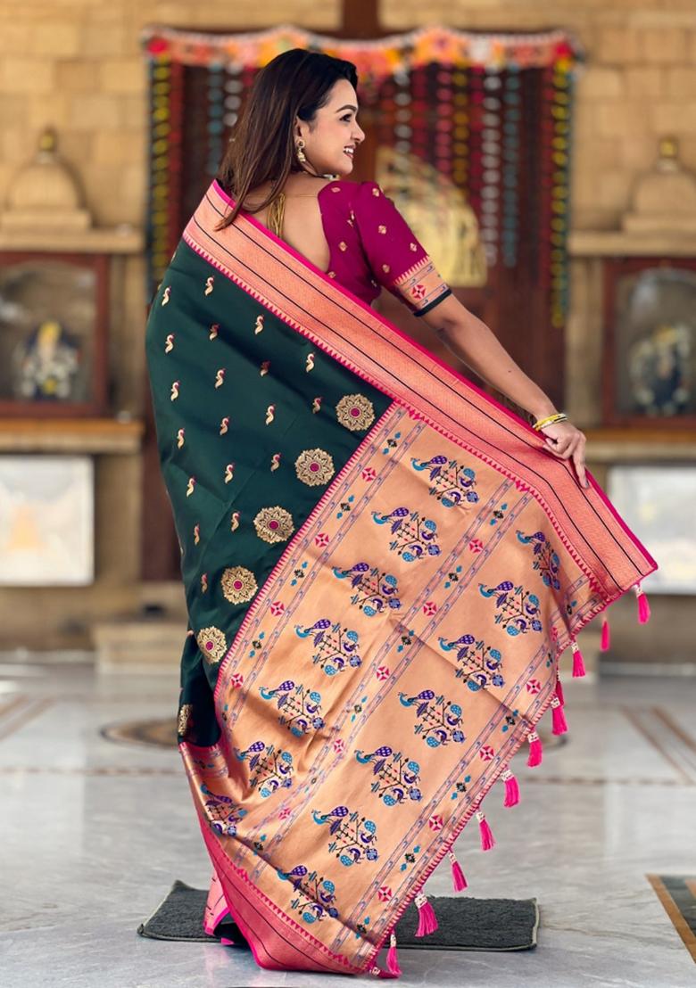 Green Woven Silk Saree Set