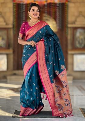 Aqua Blue Woven Silk Saree Set
