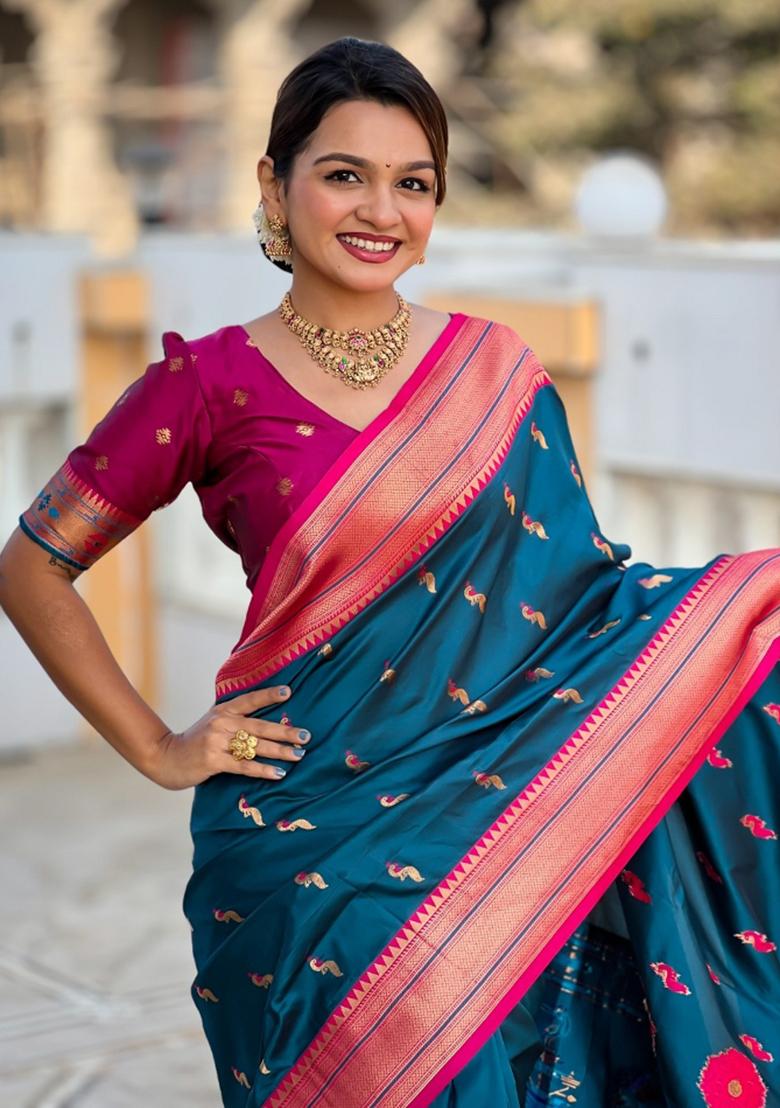 Aqua Blue Woven Silk Saree Set