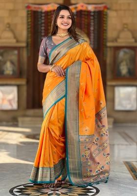 Mustard Yellow Woven Silk Saree Set