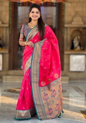 Pink Woven Silk Saree Set